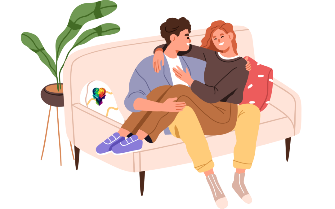 A cartoon man and woman on the sofa talking about how ADHD Impacts relationships.