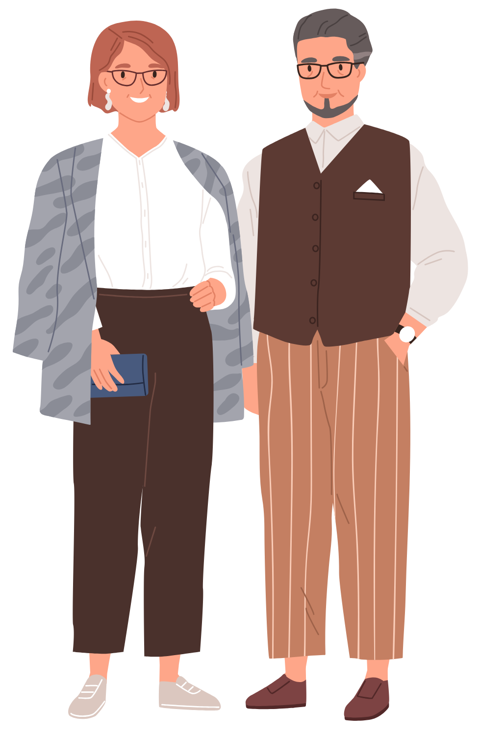 An illustration of a middle aged white couple smiling and standing side by side