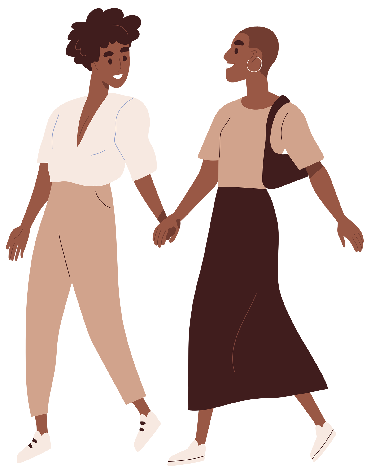 An illustration of a black lesbian couple walking hand in hand and smiling at one another