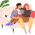 A cartoon couple snuggling on a coach talking about How ADHD Impacts Relationships.