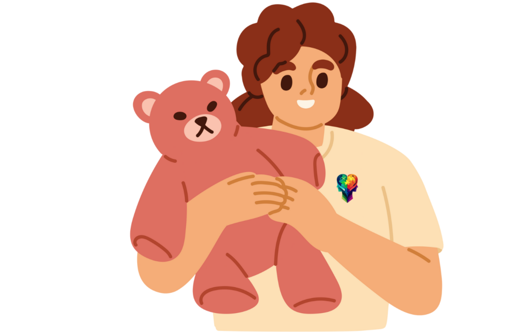 A cartoon woman holding a teddy bear, dealing with the 8 F’s of Trauma Response.