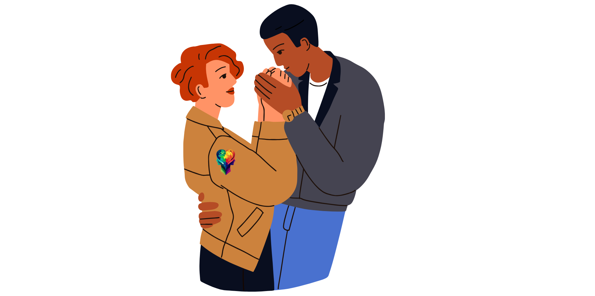 A cartoon couple celebrating after a session of Neurodiverse Love Therapy and Love Counseling for Couples Building Connection and Understanding